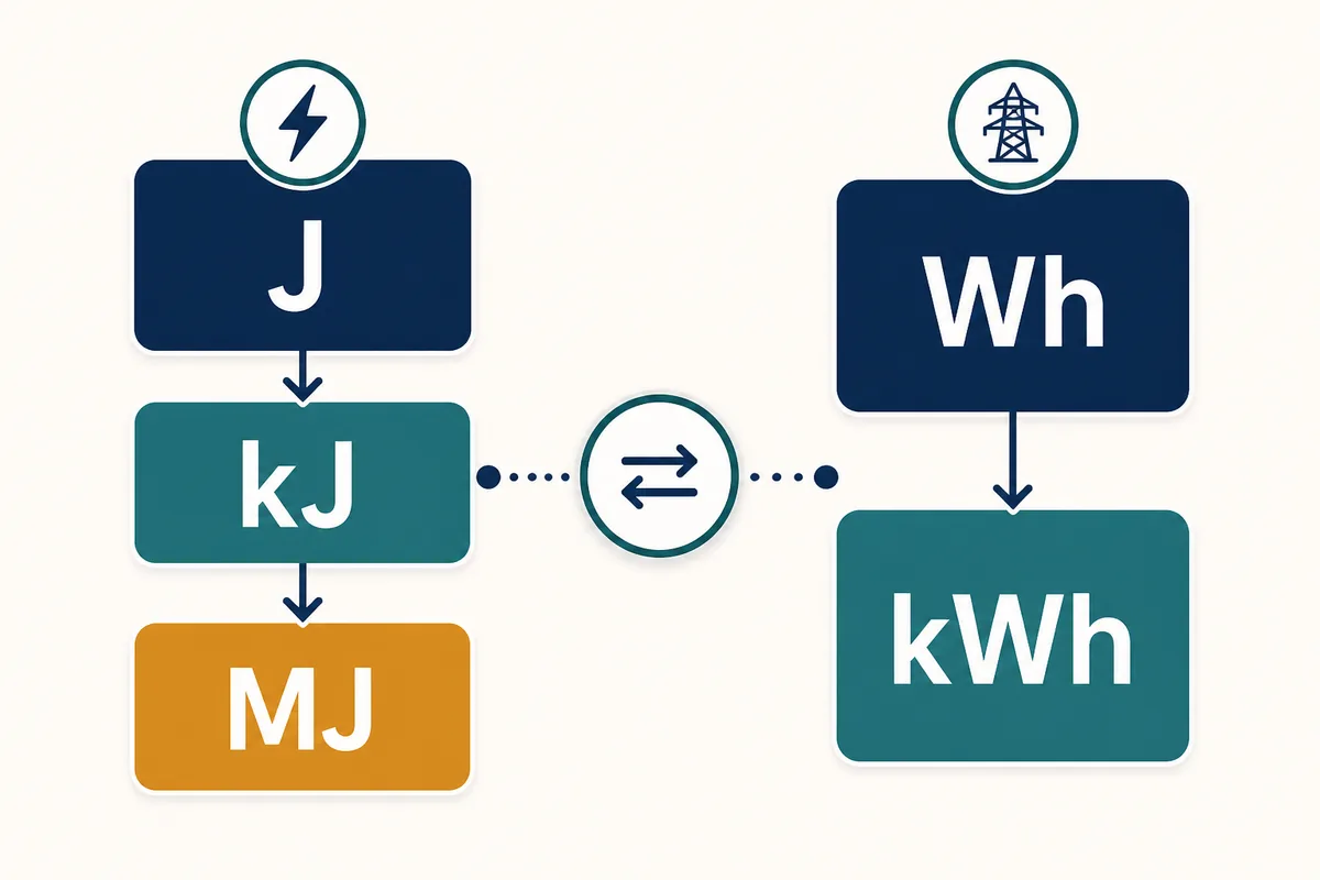 J・kJ・MJとWh・kWhの関係を左右の流れで示した換算図