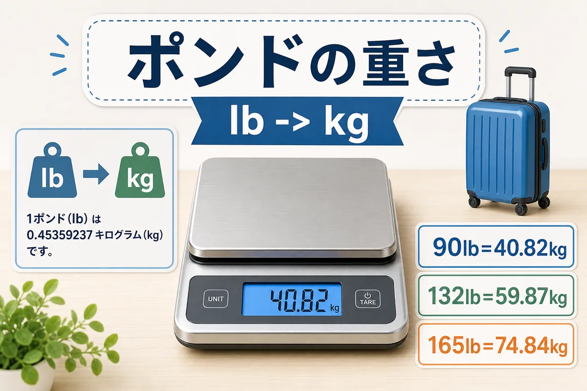 ポンドの重さをキログラムへ換算する早見表。90ポンドは40.82kg、132ポンドは59.87kg、165ポンドは74.84kg。