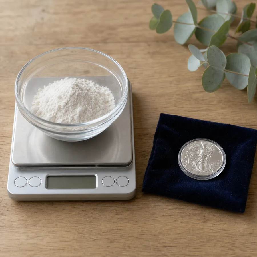 食品用の計量器と貴金属のコインを並べたオンスの種類のイメージ
