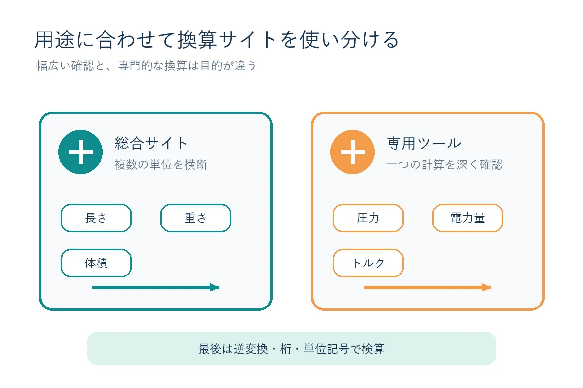 総合単位換算サイトと専用換算ツールの使い分けを示す比較図