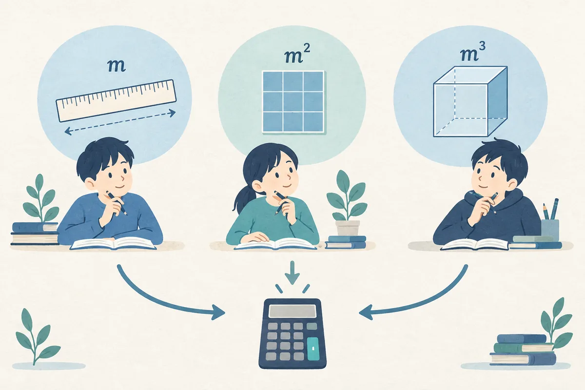 長さm、面積m²、体積m³を別々に確認して計算機で検算する編集イラスト